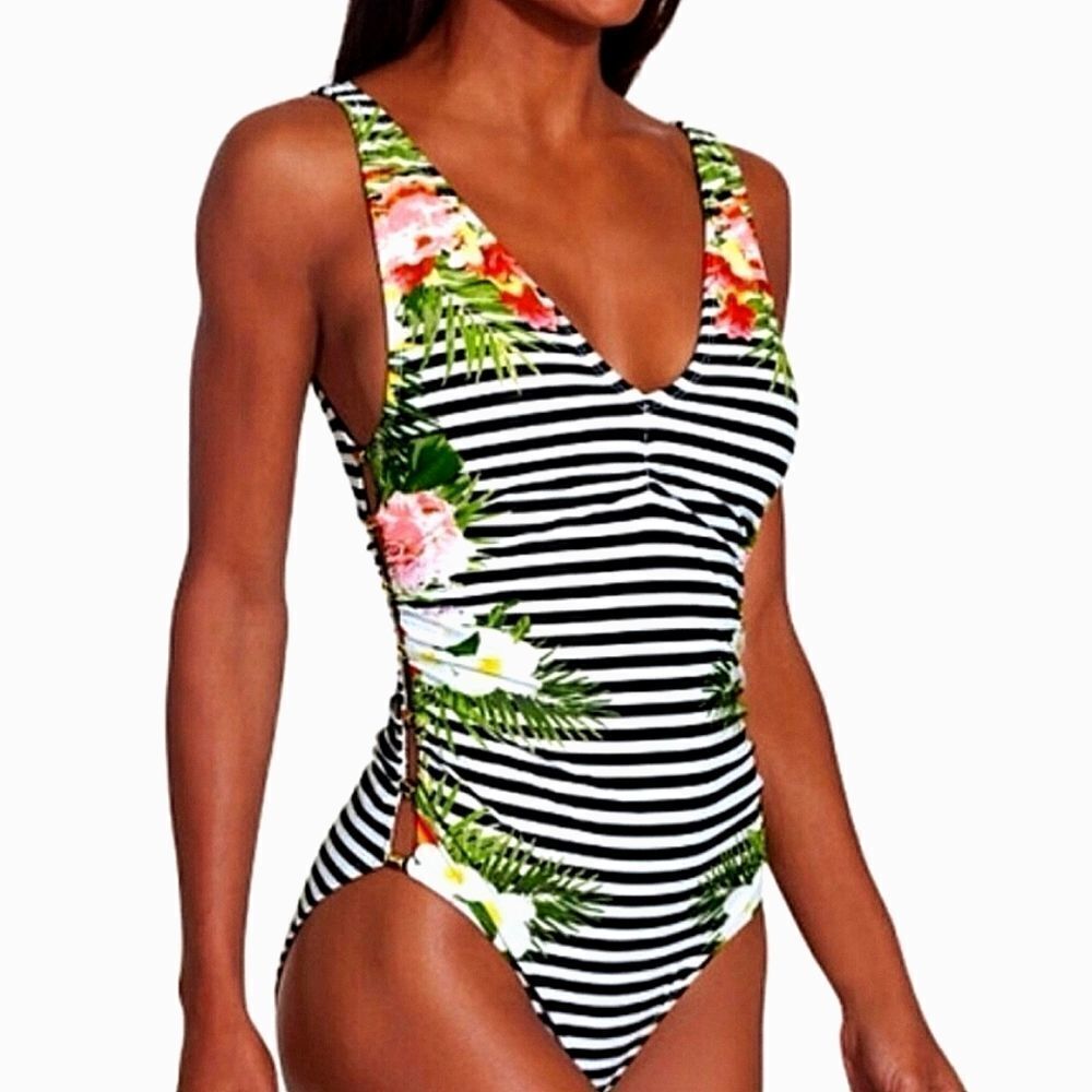 Nicole Miller Women's Tropical Side Caging One Piece Swimsuit Size 10